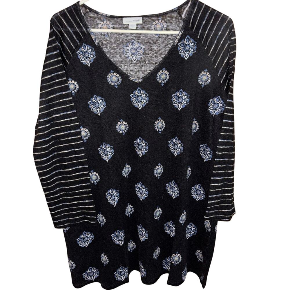 J. Jill Love Linen women’s V-neck top 3/4 sleeves blouse 100% linen black large